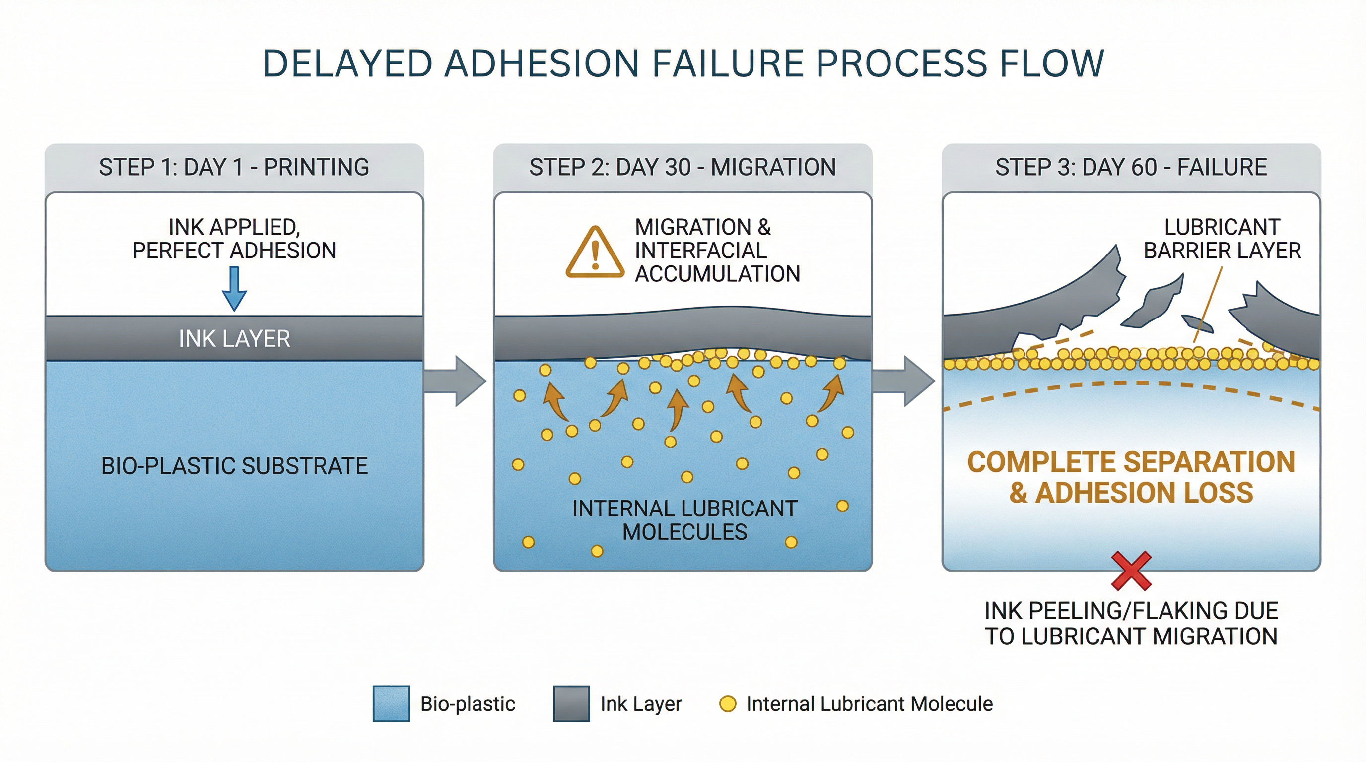 Process flow showing migration of additives causing delayed ink failure