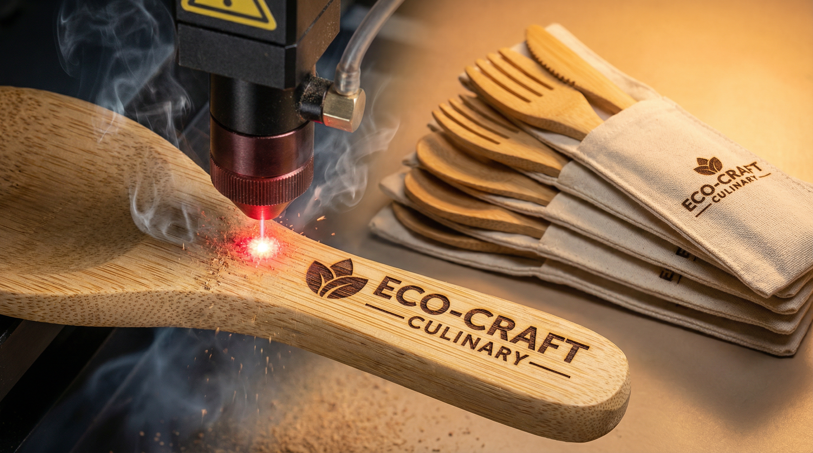 Laser engraving corporate logo on custom bamboo cutlery set for Singapore business gifts