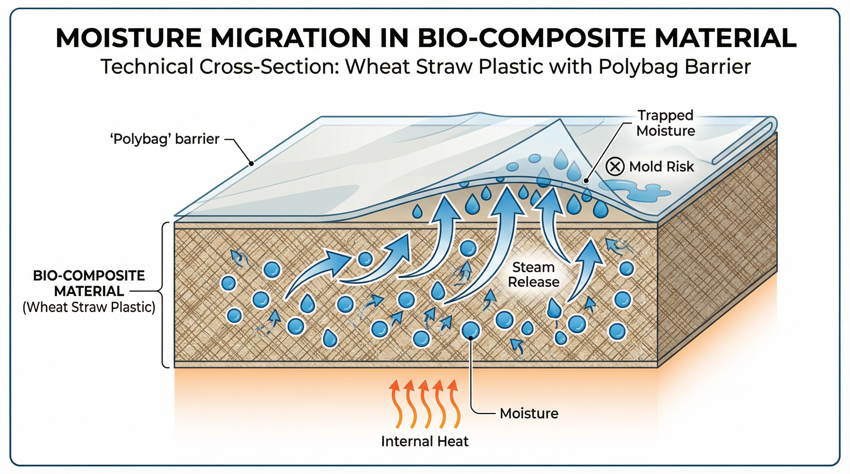 Diagram showing moisture migration from bio-composite core to surface during cooling phase