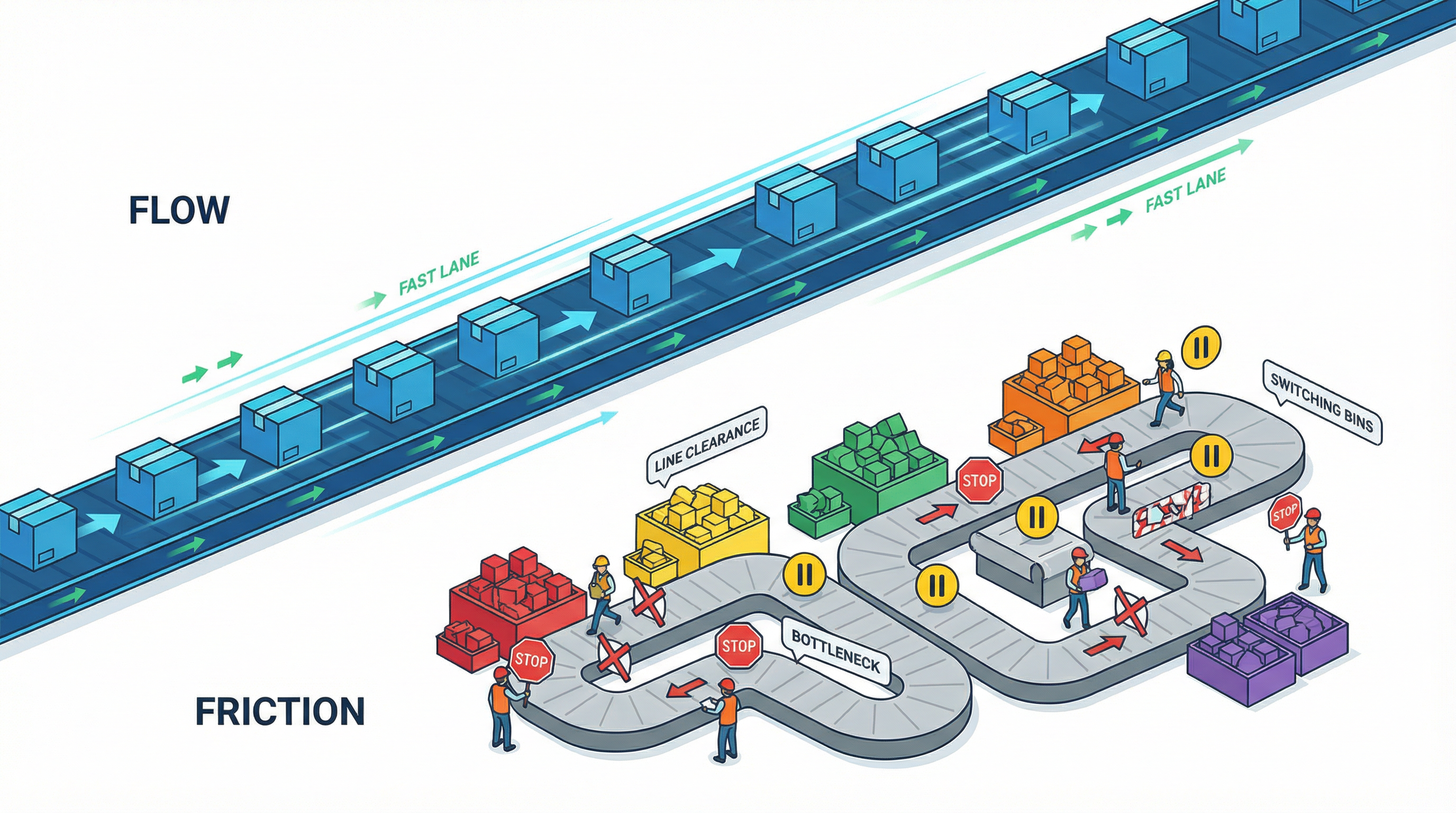 Diagram comparing the linear flow of single-SKU assembly vs the stop-start nature of multi-SKU batching