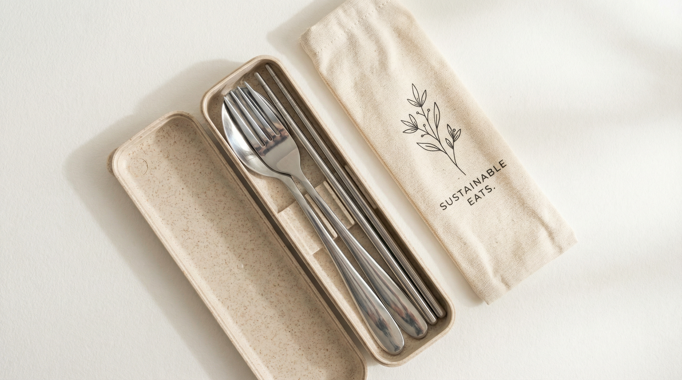 Reusable stainless steel cutlery set in wheat straw case with custom pouch packaging