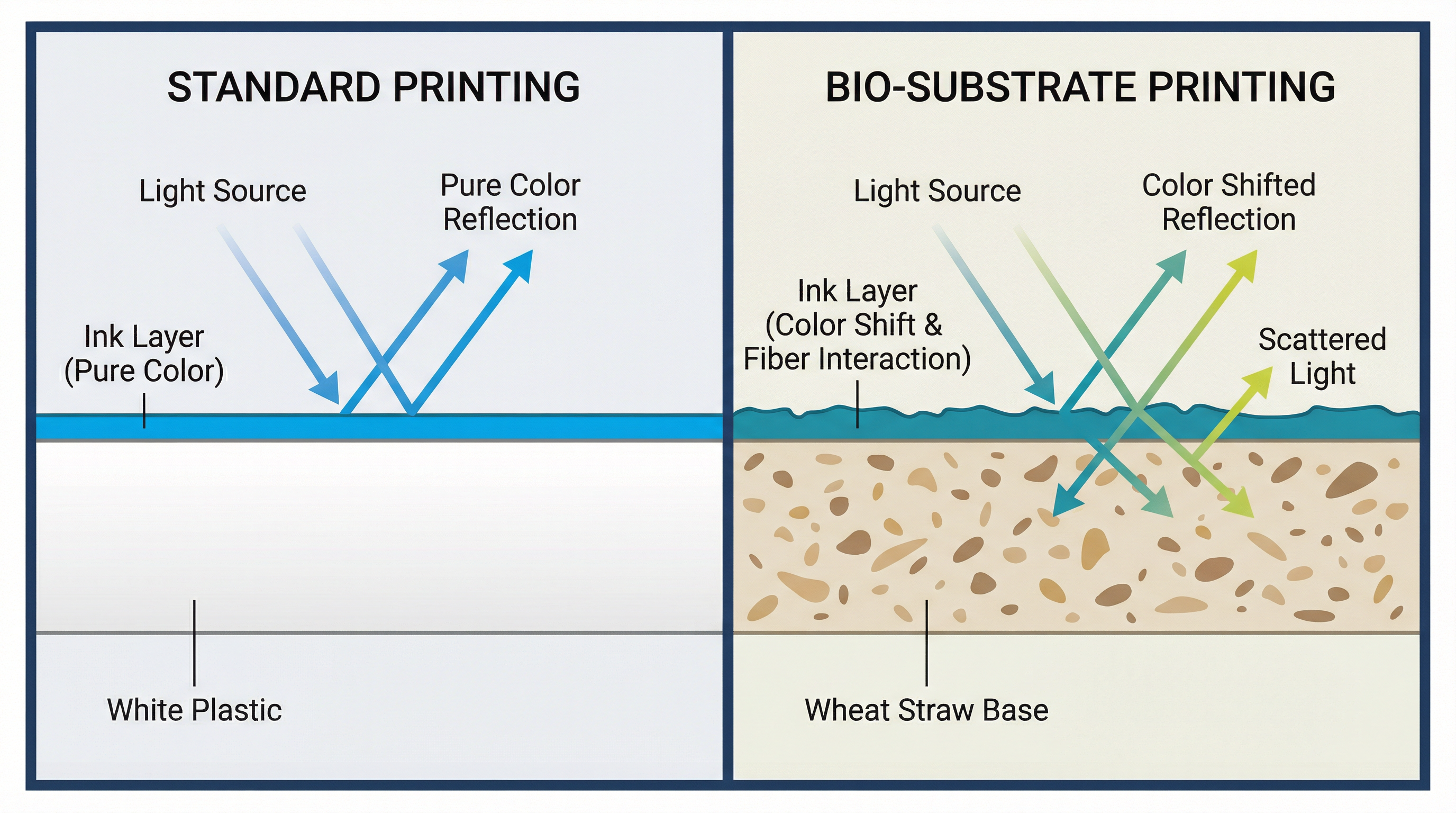 Diagram showing how light reflects differently on white paper versus beige wheat straw, causing color shifts